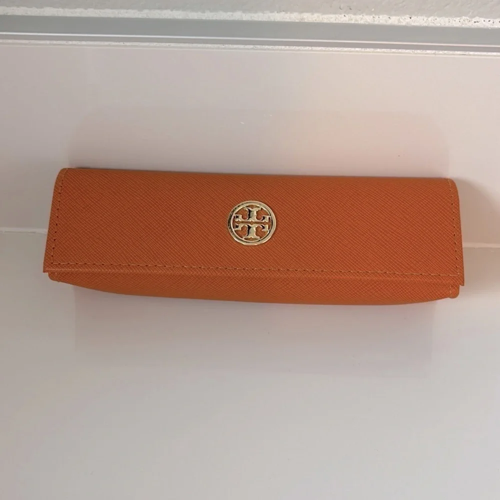 Tory Burch Small Leather Eyeglasses Case Orange with Gold-Tone Logo Hardware